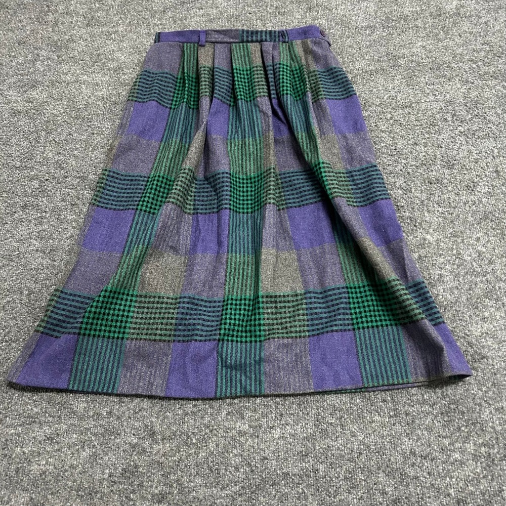 Tan Jay Skirt Womens Size 14 Purple Green Plaid Wool Blend Pleated USA Vintage